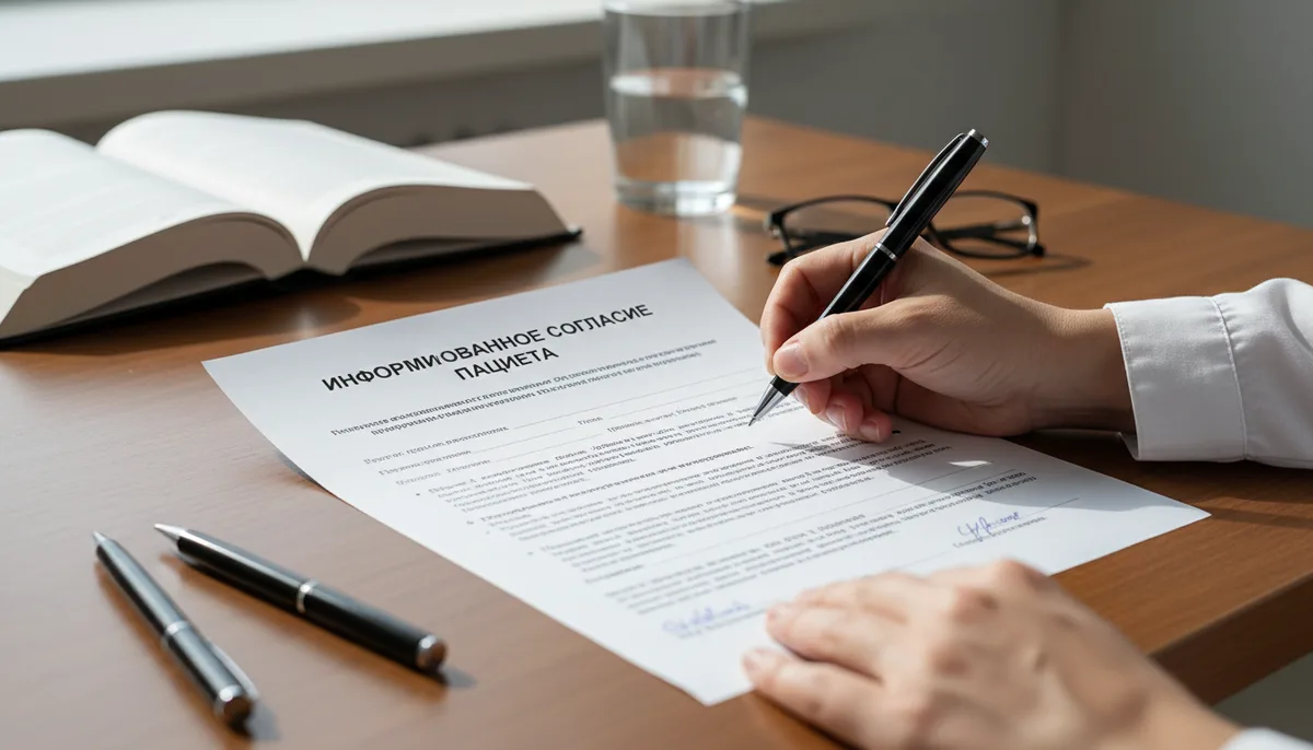 Подписание медицинского документа, ручка, бланк информированного согласия на столе