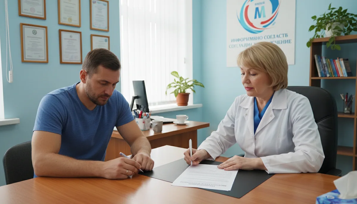 Пациент подписывает документ информированного согласия в кабинете врача-нарколога