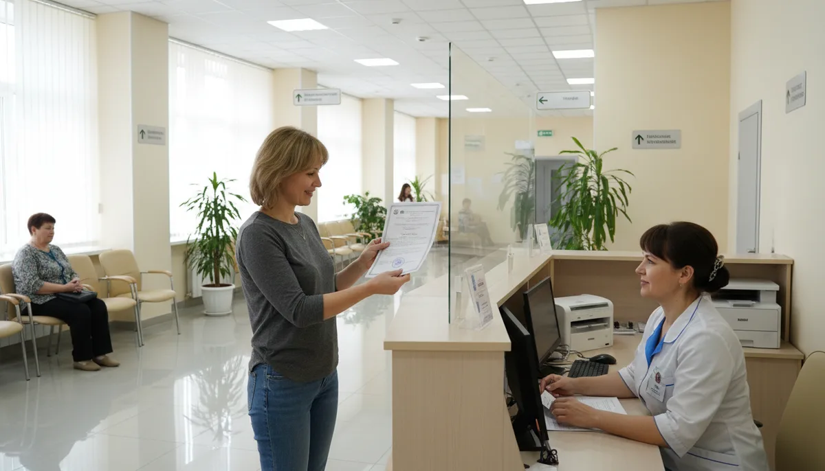 Пациент получает медицинскую справку в регистратуре, светлый коридор медицинского учреждения